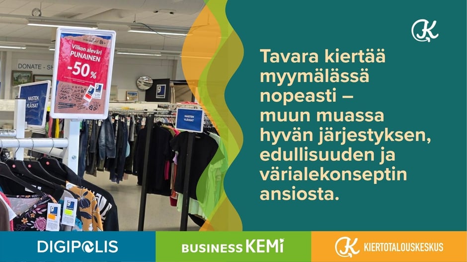 Tavara kiertää myymälässä nopeasti - muun muassa hyvän järjestyksen, edullisuuden ja värialekonseptin ansiosta. Kuva Soile Suvanto Kemin Digipolis oy