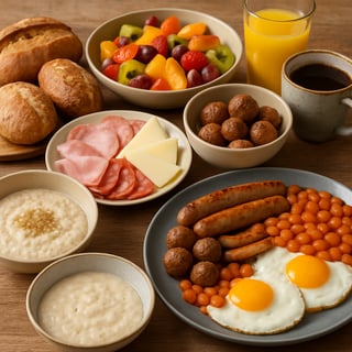 Extra delicious morning brunch with coffee breads meatballs sausage cooked eggs cold cuts fruits juice porridge etc