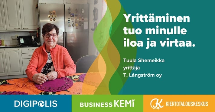 Yrittäminen tuo minulle iloa ja virtaa, sanoo yli 80-vuotias yrittäjä Tuula Shemeikka, T.Långström oy:staä. Grafiikka ja valokuva Soile Suvanto Kemin Digipolis oy