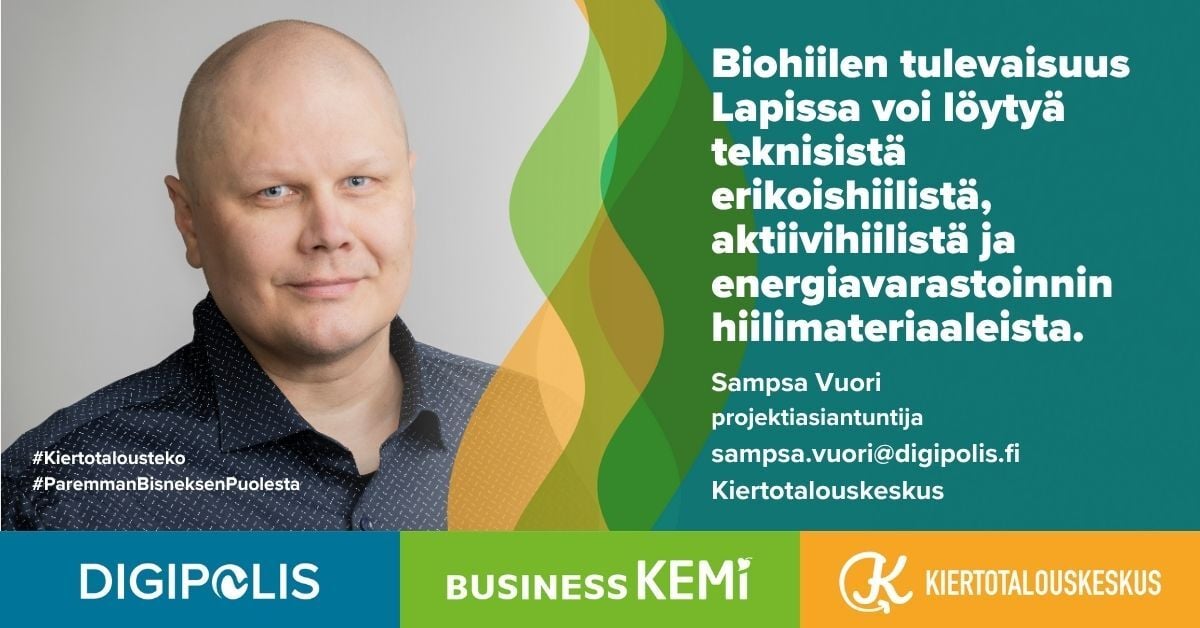 Biohiilen tulevaisuus Lapissa voi löytyä teknisistä erikoishiilistä, aktiivihiilistä ja energiavarastoinnin hiilimateriaaleista, sanoo projektiasiantuntija Sampsa Vuori blogissaan. Grafiikka Soile Suvanto Kemin Digipolis oy