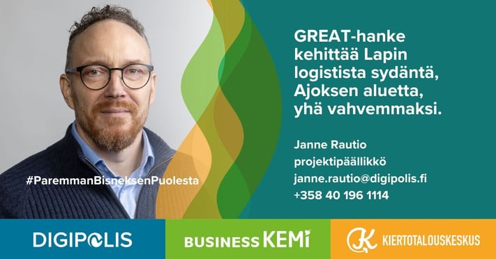 GREAT-hanke vahvistaa Lapin logistista sydäntä, Ajoksen aluetta, yhä vahvemmaksi, sanoo Kemin Digipolis oy:n projektipäällikkö Janne Rautio. Grafiikka Soile Suvanto Kemin Digipolis oy