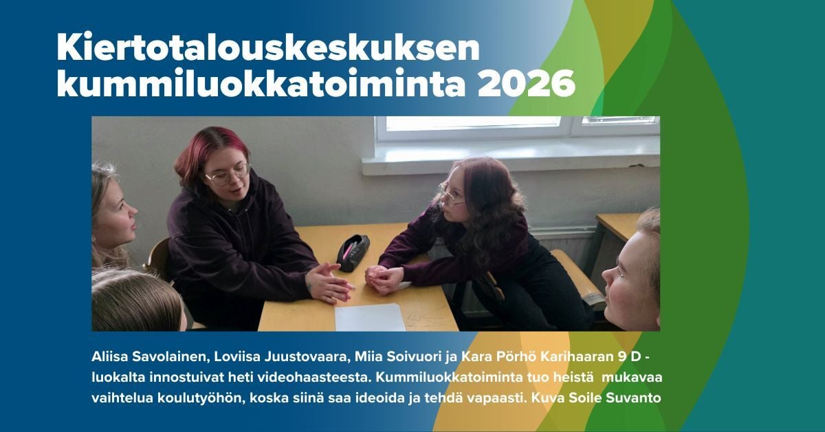 Kiertotalouskeskuksen kummiluokkatoiminta 2026, Aliisa Savolainen, Loviisa Juustovaara, Miia Soivuori ja Kara Pörhö Karihaaran 9D. Kuva Soile Suvanto Kemin Digipolis oy