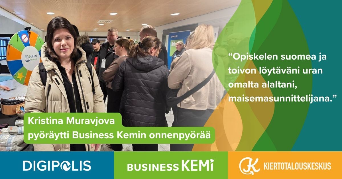 Kristina Muravjova pyöräytti Business Kemin onnenpyörää, hän opiskelee Kemissä suomea ja toivoo löytävänsä uran omalta alaltaan, maisemasuunnittelijalna. Kuva: Soile Suvanto Kemin Digipolis oy