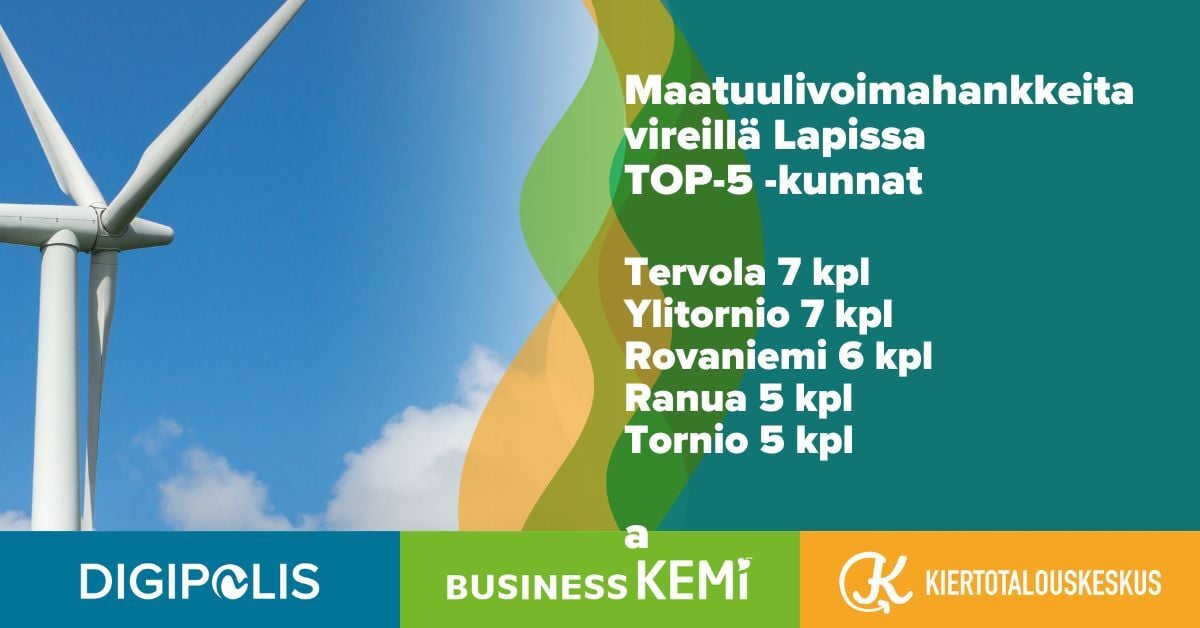 Tuulivoimahankkeita vireillä Lapissa TOP5-kunnat Tervola, Ylitornio 7kpl, Rovaniemi 6kpl, Ranua ja Tornio 5kpl. Grafiikka Soile Suvanto Kemin Digipolis oy
