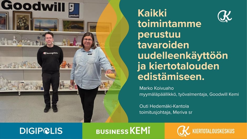 Kaikki Merivan ja Goodwill Kemin toiminta perustuu tavaroiden uudelleenkäyttöön ja kiertotalouden edistämiseen, sanovat myymäläpäällikkö, työvalmentaja Marko Koivuaho Goodwill Kemistä ja toimitusjohtaja Outi Hedemäki-Kantola Meriva -säätiöstä. Kuva Soile Suvanto Kemin Digipolis oy