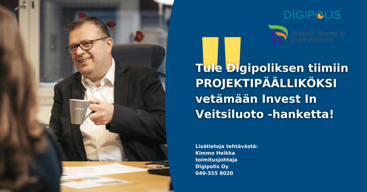 Tule Digipoliksen tiimiin PROJEKTIPÄÄLLIKÖKSI vetämään Invest In Veitsiluoto -hanketta. Lisätiedot työtehtävästä toimitusjohtaja Kimmo Heikka 0405558020, Kemin Digipolis Oy