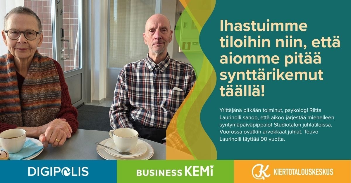 Riitta Laurinolli ja Teuvo Laurinolli aikovat pitää Teuvon 90v synttärit Studiotalon juhlatilassa. Kuva Soile Suvanto Kemin Digipolis oy