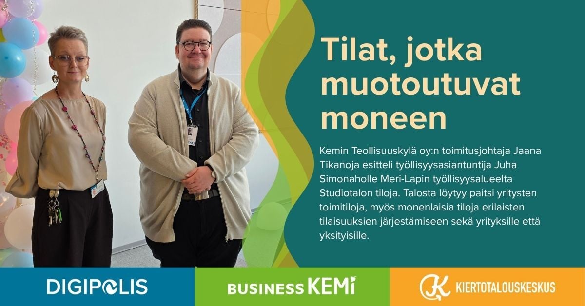 Kemin Teollisuuskylä oy:n toimitusjohtaja Jaana Tikanoja esitteli työllisyysasiantuntija Juha Simonaholle Meri-Lapin työllisyysalueelta Studiotalon tiloja. Kuva Soile Suvanto Kemin Digipolis oy