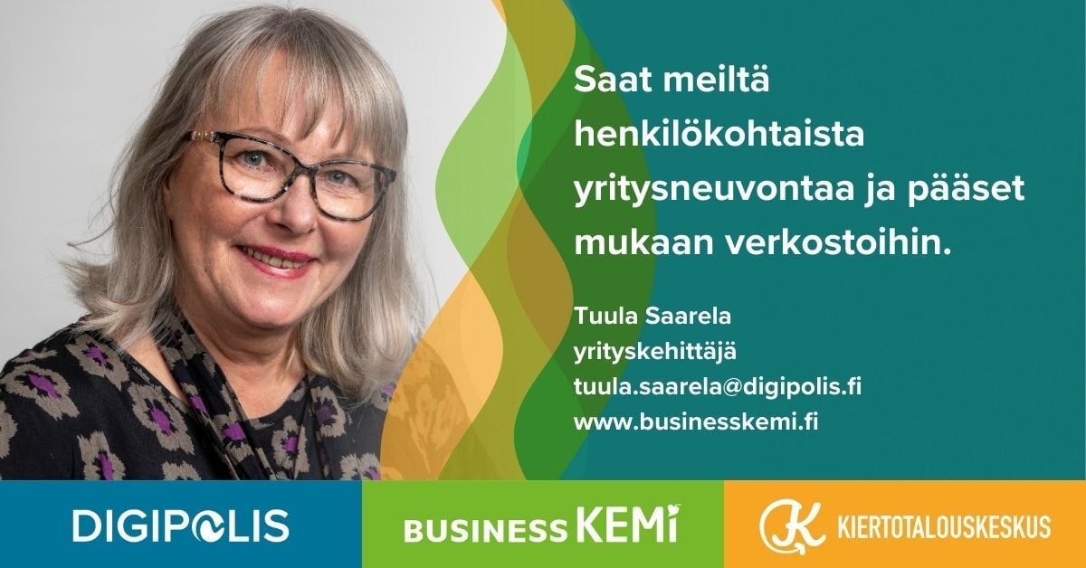 Yritykehittäjä Tuula Saarela, Business Kemi, yritysneuvonta, verkostot, www.businesskemi.fi, Grafiikka Soile Suvanto Kemin Digipolis oy