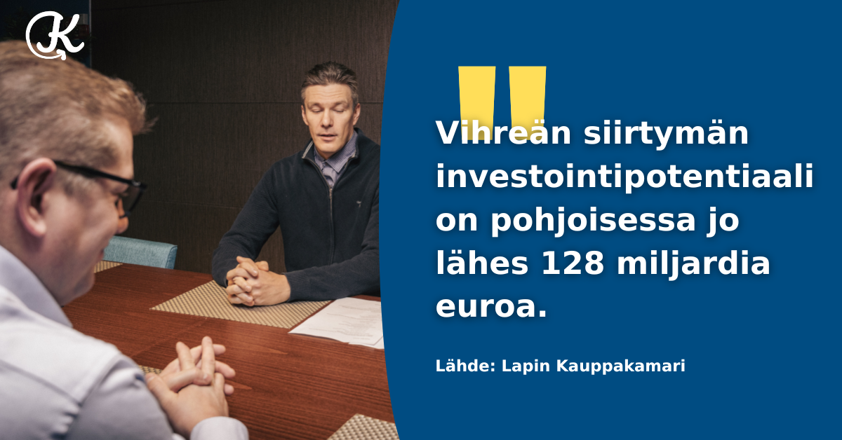 Vihreän siirtymän investointipotentiaali on Lapin Kauppakamarin tuoreen selvityksen mukaan jo lähes 128 miljardia euroa.